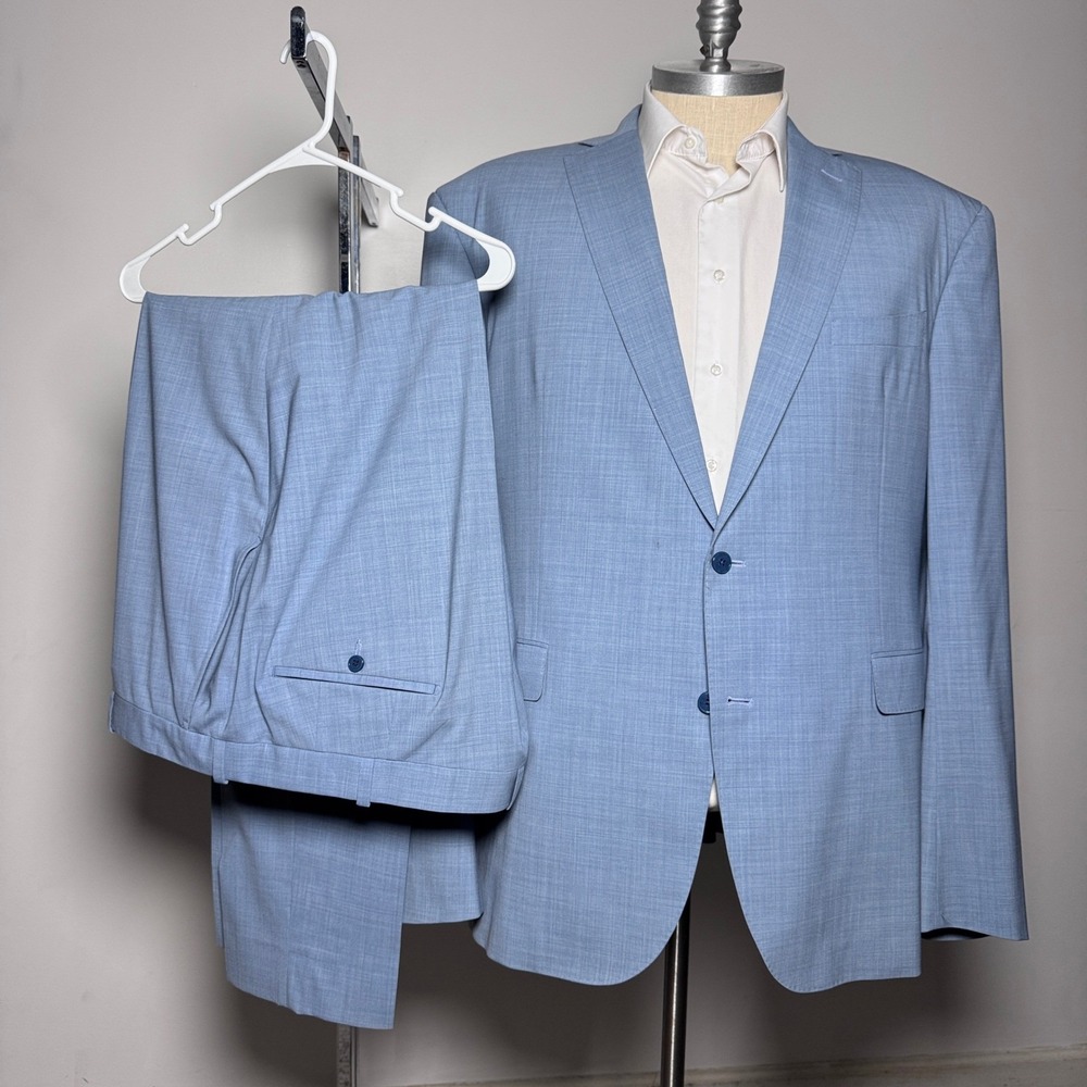 Élevée Custom Suit Mens 50L 46x34 Light Blue Solid 2-Button Notch Lapel‎ Wool